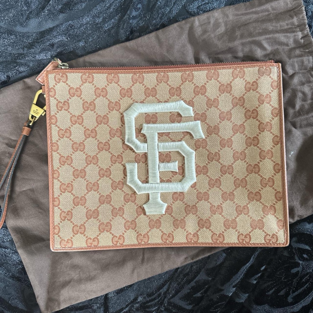 Gucci Tan Monogram Pouch With White Logo